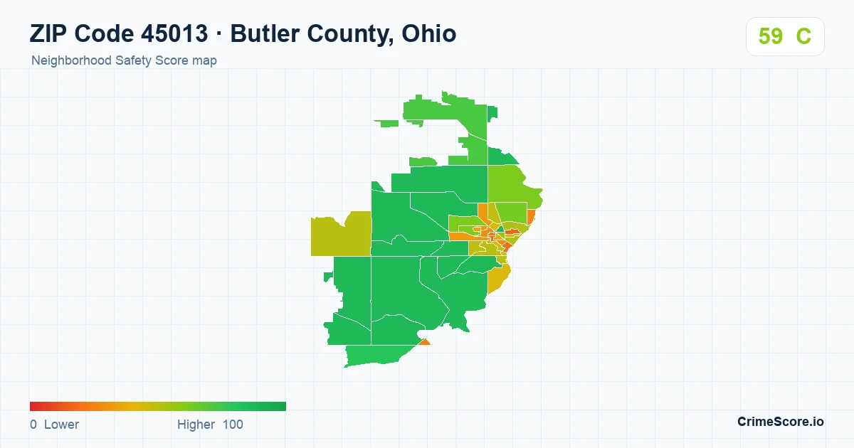 ZIP Code 45013 in Butler County, Ohio neighborhood Safety Score map