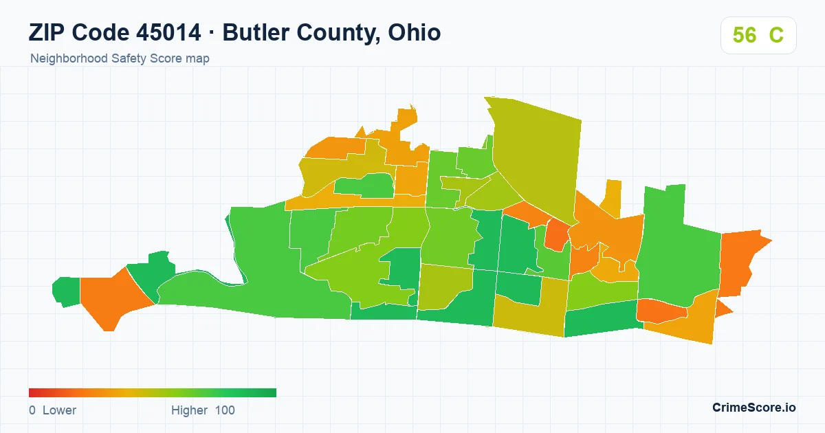 ZIP Code 45014 in Butler County, Ohio neighborhood Safety Score map