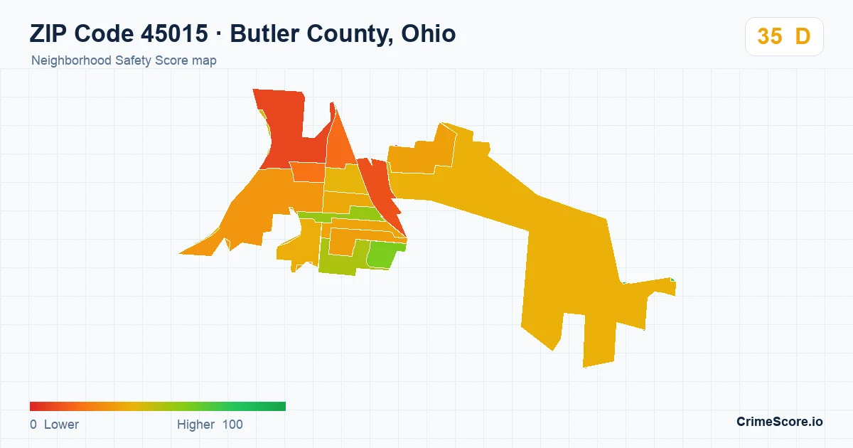 ZIP Code 45015 in Butler County, Ohio neighborhood Safety Score map