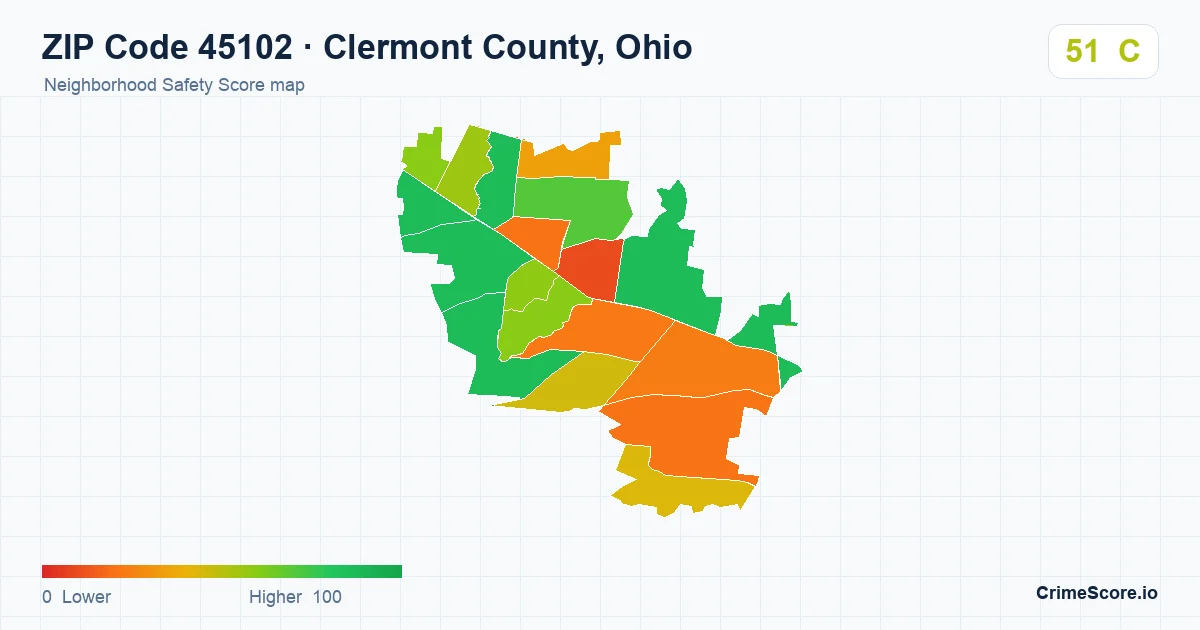 ZIP Code 45102 in Clermont County, Ohio neighborhood Safety Score map