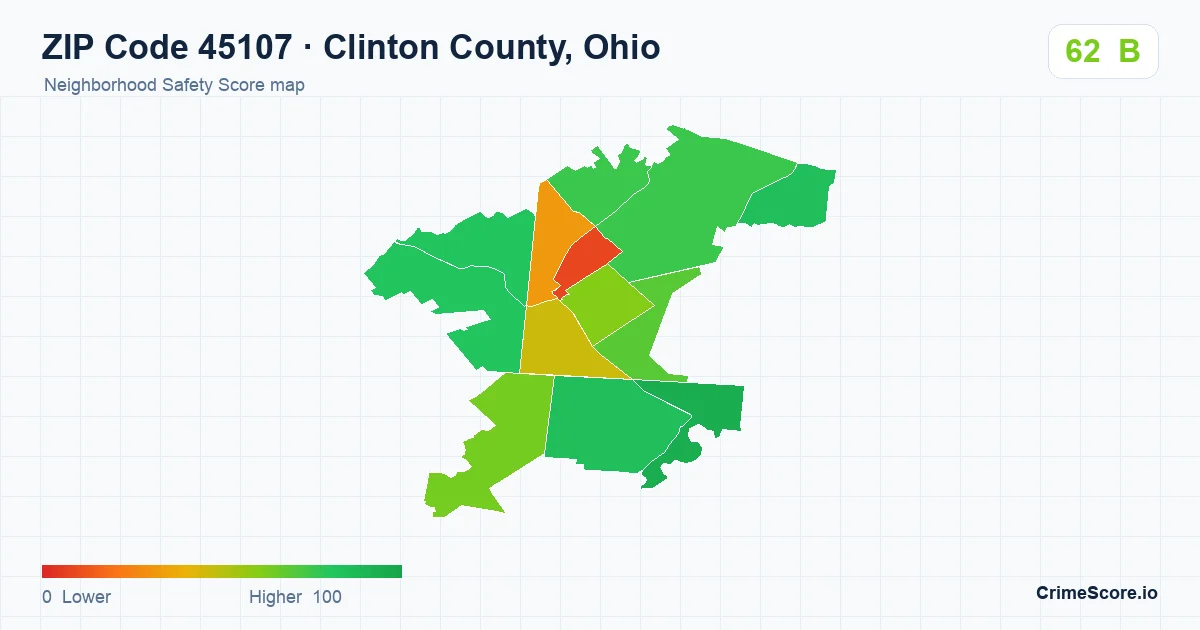 ZIP Code 45107 in Clinton County, Ohio neighborhood Safety Score map