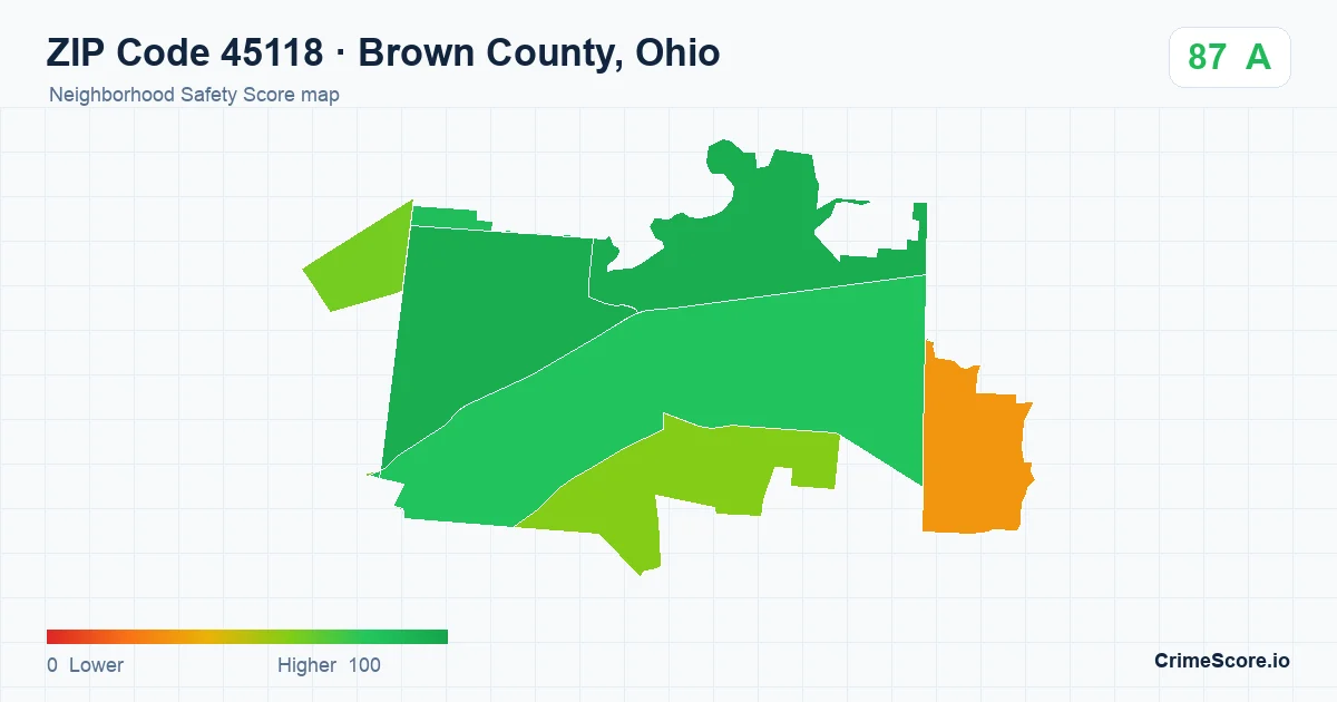ZIP Code 45118 in Brown County, Ohio neighborhood Safety Score map