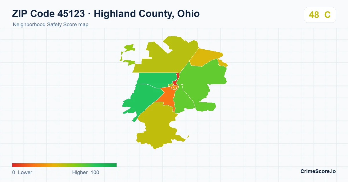 ZIP Code 45123 in Highland County, Ohio neighborhood Safety Score map