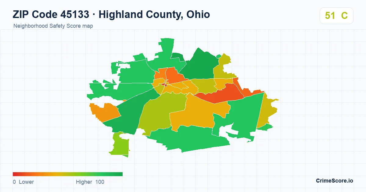 ZIP Code 45133 in Highland County, Ohio neighborhood Safety Score map