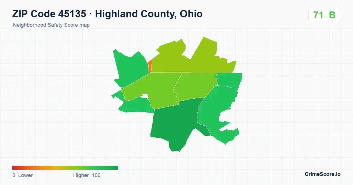 ZIP Code 45135 in Highland County, Ohio neighborhood Safety Score map