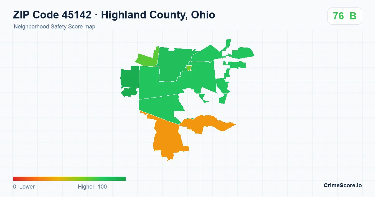 ZIP Code 45142 in Highland County, Ohio neighborhood Safety Score map