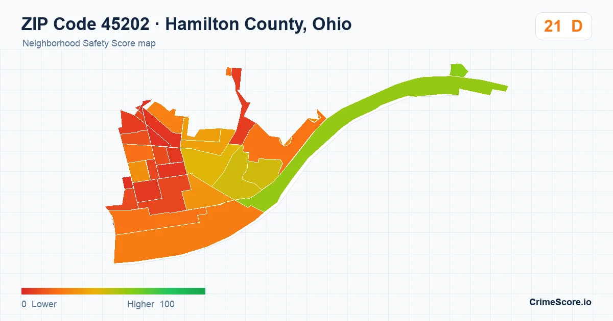 ZIP Code 45202 in Hamilton County, Ohio neighborhood Safety Score map