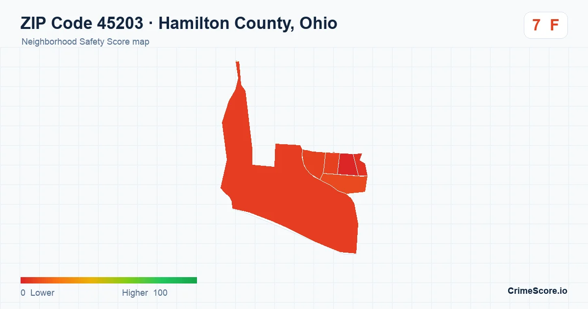 ZIP Code 45203 in Hamilton County, Ohio neighborhood Safety Score map