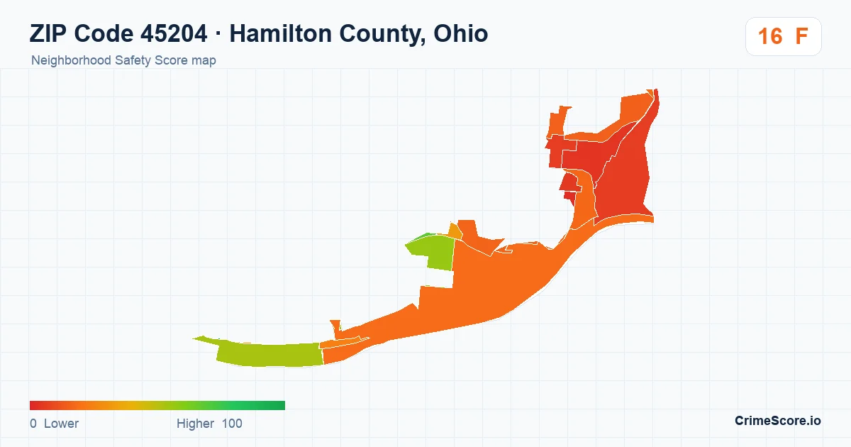 ZIP Code 45204 in Hamilton County, Ohio neighborhood Safety Score map