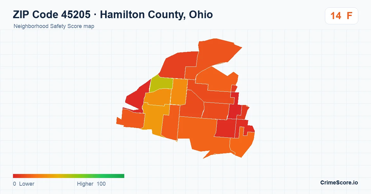 ZIP Code 45205 in Hamilton County, Ohio neighborhood Safety Score map
