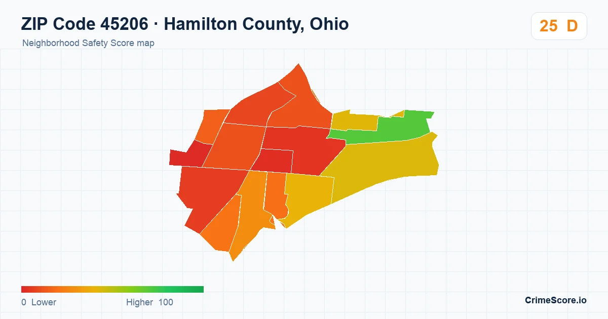 ZIP Code 45206 in Hamilton County, Ohio neighborhood Safety Score map