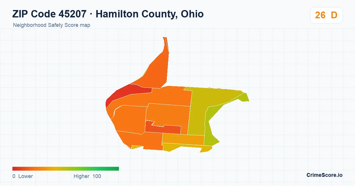 ZIP Code 45207 in Hamilton County, Ohio neighborhood Safety Score map