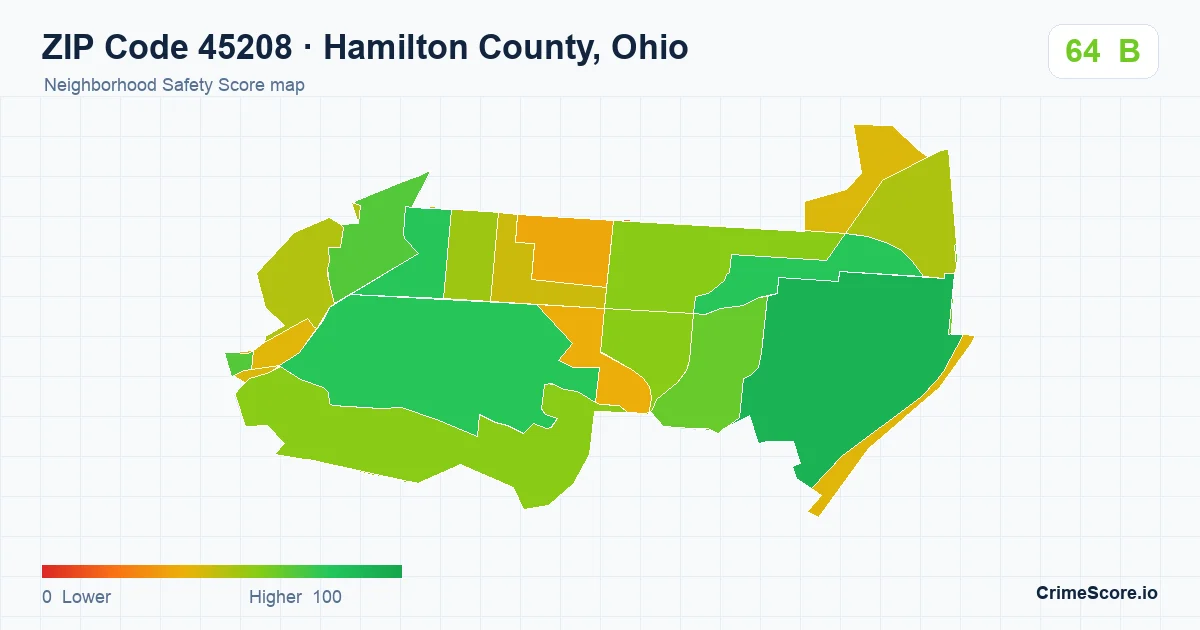 ZIP Code 45208 in Hamilton County, Ohio neighborhood Safety Score map