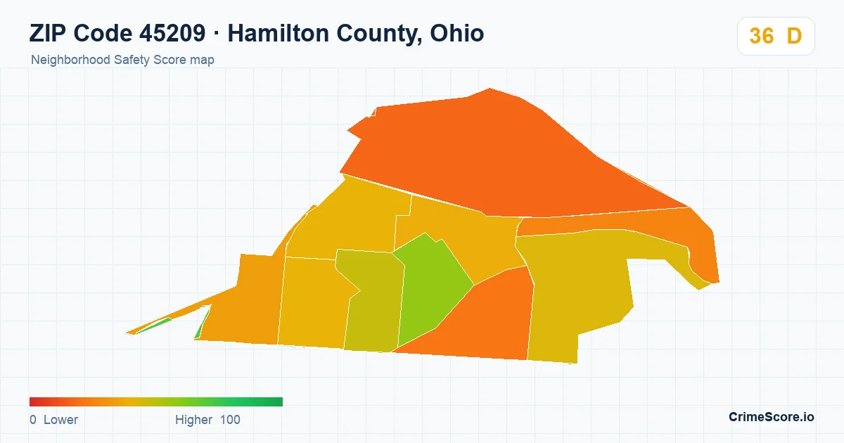 ZIP Code 45209 in Hamilton County, Ohio neighborhood Safety Score map
