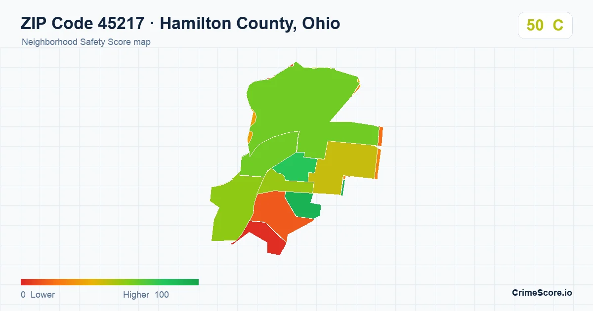 ZIP Code 45217 in Hamilton County, Ohio neighborhood Safety Score map