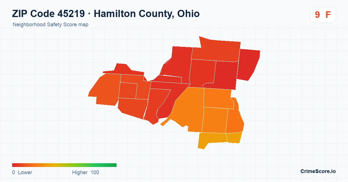 ZIP Code 45219 in Hamilton County, Ohio neighborhood Safety Score map