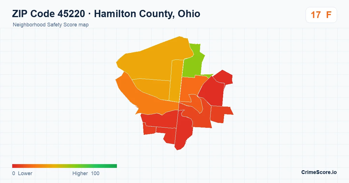 ZIP Code 45220 in Hamilton County, Ohio neighborhood Safety Score map