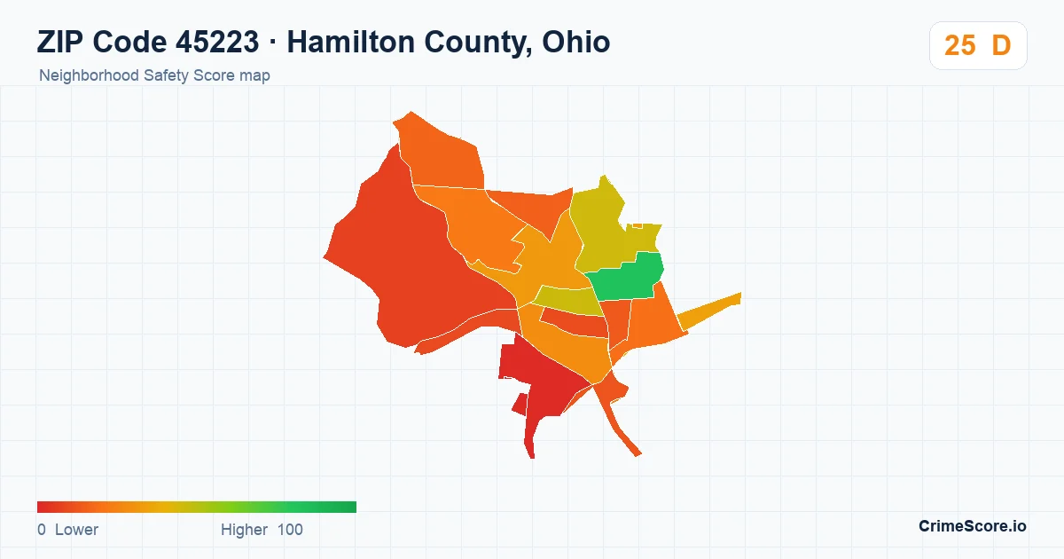 ZIP Code 45223 in Hamilton County, Ohio neighborhood Safety Score map