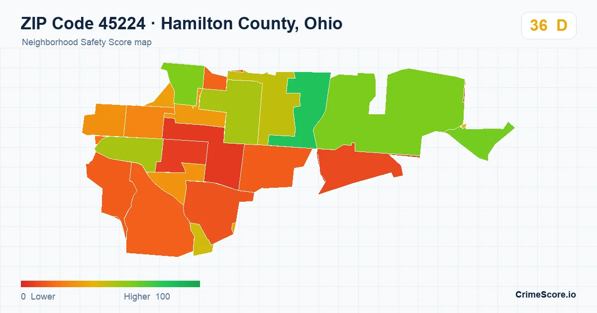 ZIP Code 45224 in Hamilton County, Ohio neighborhood Safety Score map