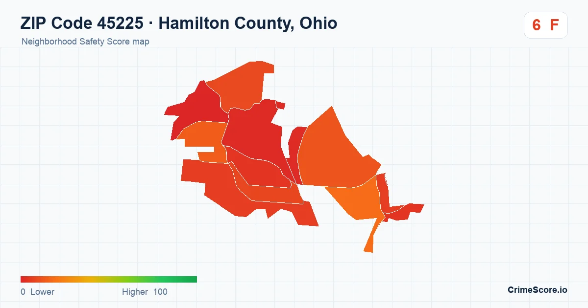 ZIP Code 45225 in Hamilton County, Ohio neighborhood Safety Score map