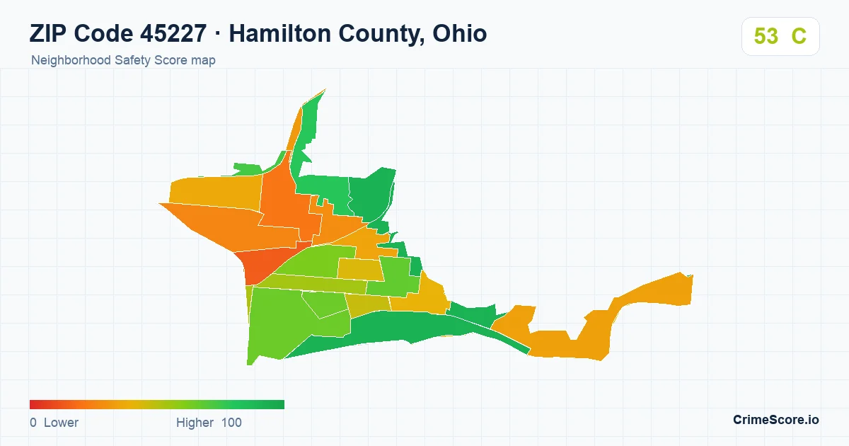 ZIP Code 45227 in Hamilton County, Ohio neighborhood Safety Score map