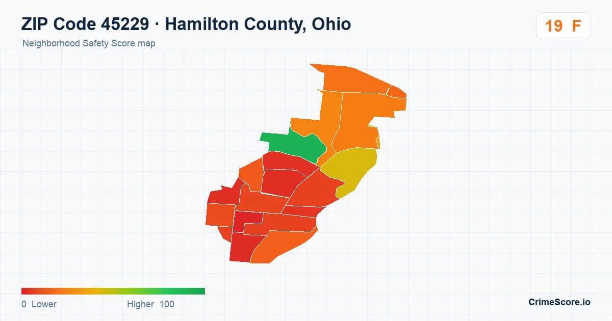 ZIP Code 45229 in Hamilton County, Ohio neighborhood Safety Score map