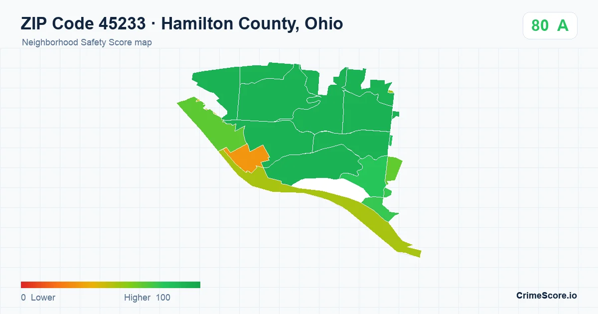 ZIP Code 45233 in Hamilton County, Ohio neighborhood Safety Score map