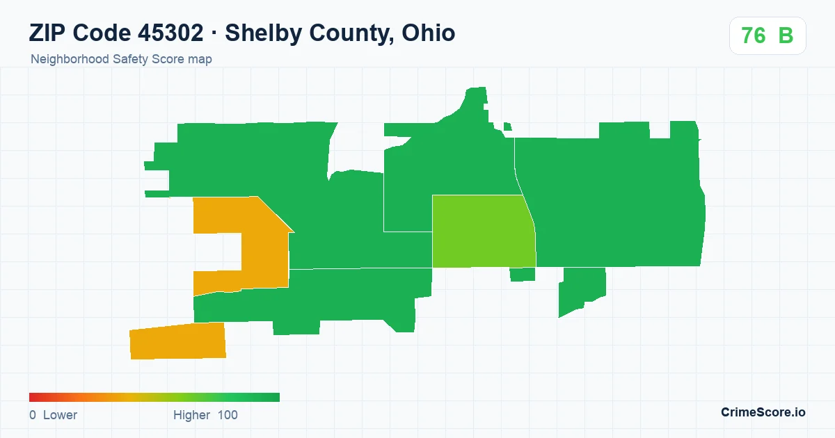 ZIP Code 45302 in Shelby County, Ohio neighborhood Safety Score map