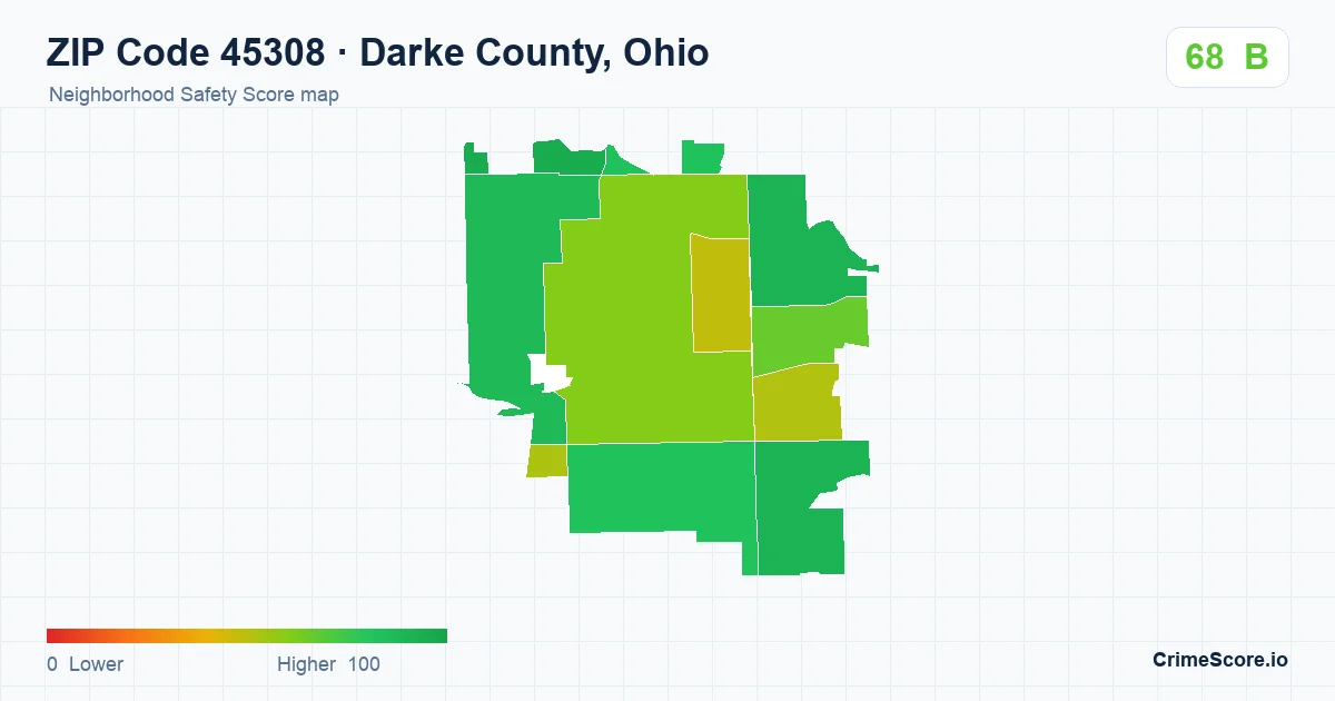 ZIP Code 45308 in Darke County, Ohio neighborhood Safety Score map