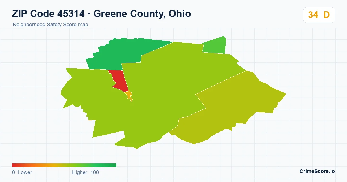 ZIP Code 45314 in Greene County, Ohio neighborhood Safety Score map