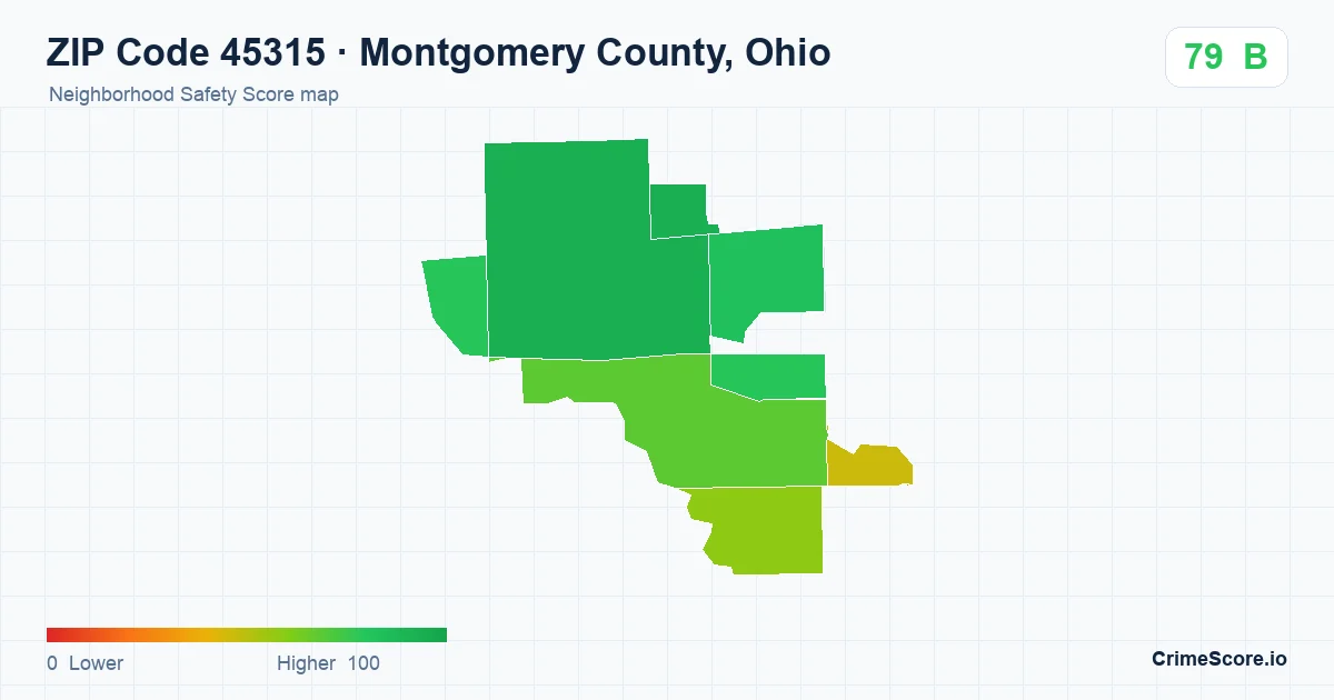 ZIP Code 45315 in Montgomery County, Ohio neighborhood Safety Score map