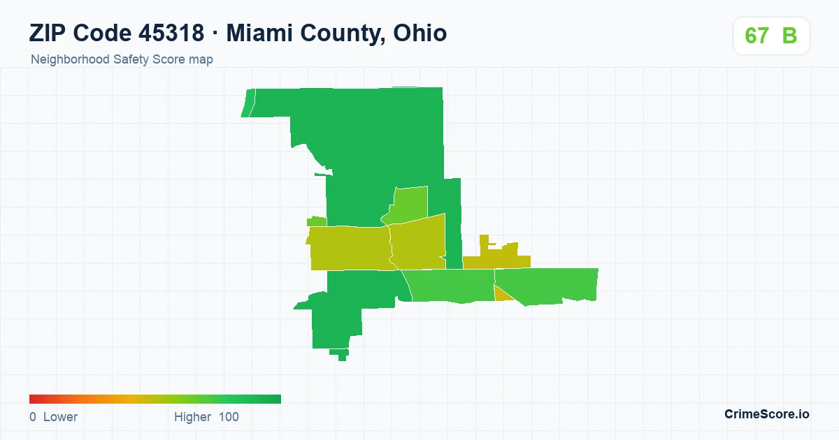 ZIP Code 45318 in Miami County, Ohio neighborhood Safety Score map