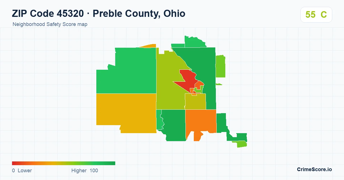 ZIP Code 45320 in Preble County, Ohio neighborhood Safety Score map
