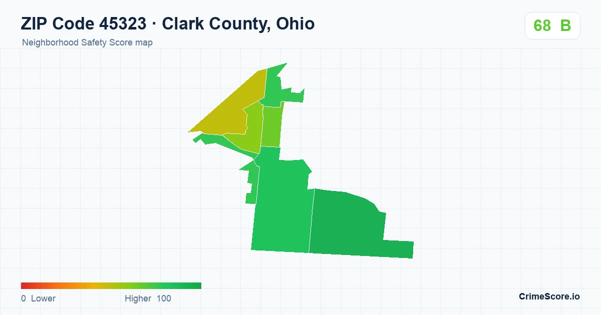 ZIP Code 45323 in Clark County, Ohio neighborhood Safety Score map