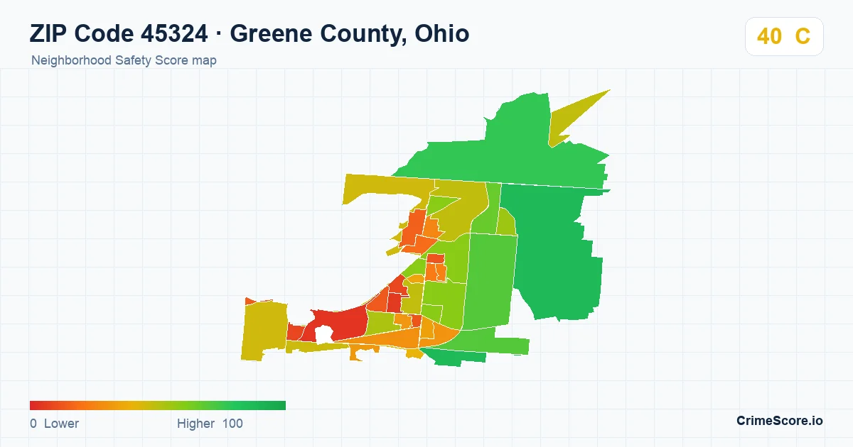 ZIP Code 45324 in Greene County, Ohio neighborhood Safety Score map