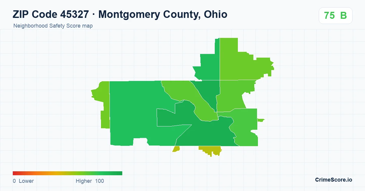 ZIP Code 45327 in Montgomery County, Ohio neighborhood Safety Score map