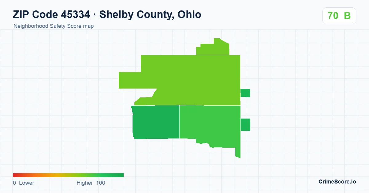 ZIP Code 45334 in Shelby County, Ohio neighborhood Safety Score map
