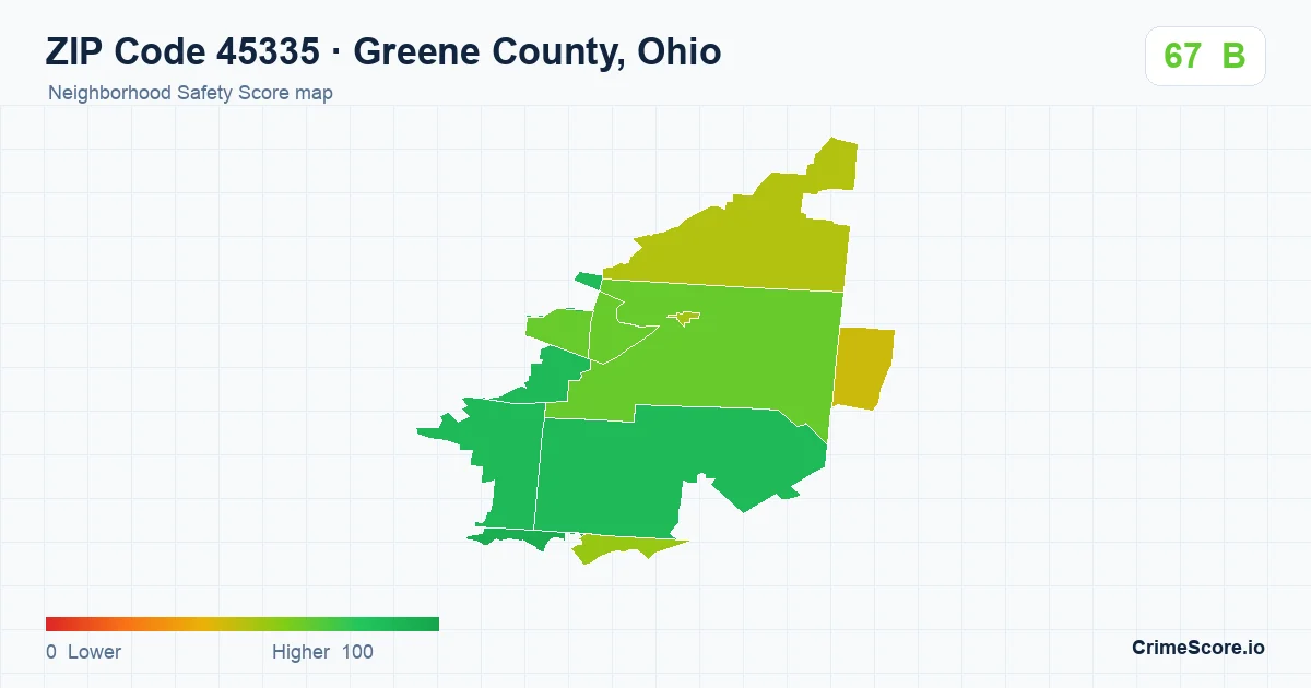 ZIP Code 45335 in Greene County, Ohio neighborhood Safety Score map