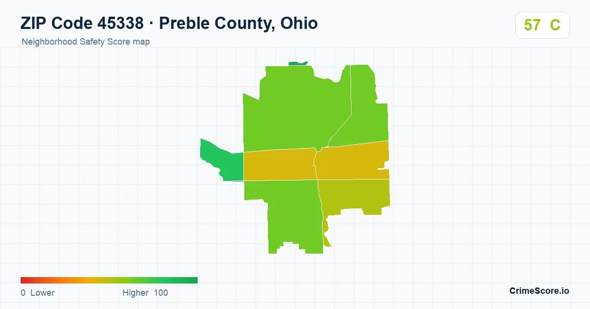 ZIP Code 45338 in Preble County, Ohio neighborhood Safety Score map