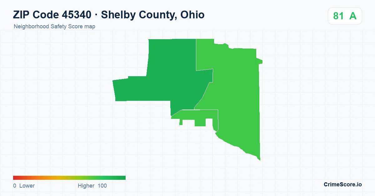 ZIP Code 45340 in Shelby County, Ohio neighborhood Safety Score map