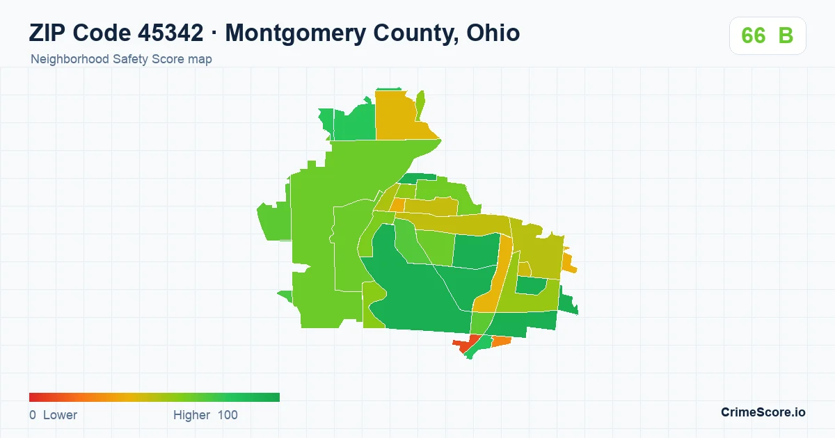 ZIP Code 45342 in Montgomery County, Ohio neighborhood Safety Score map