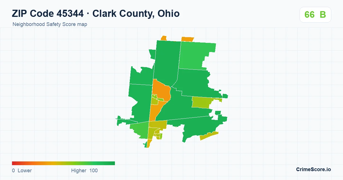 ZIP Code 45344 in Clark County, Ohio neighborhood Safety Score map