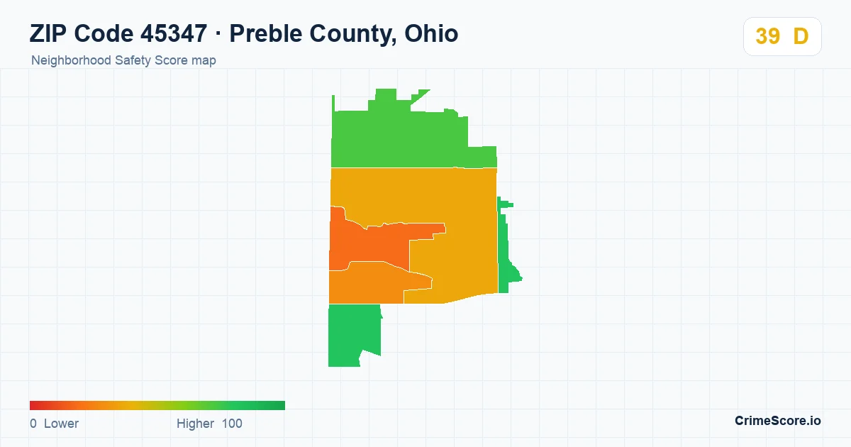 ZIP Code 45347 in Preble County, Ohio neighborhood Safety Score map