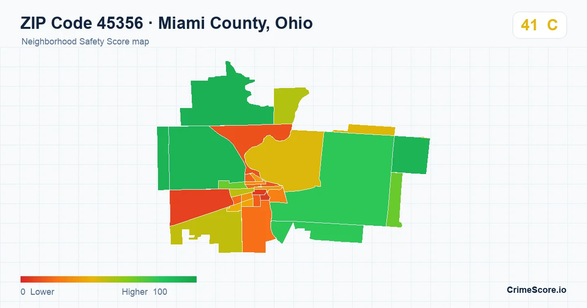 ZIP Code 45356 in Miami County, Ohio neighborhood Safety Score map