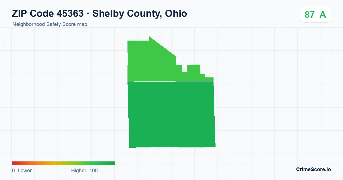 ZIP Code 45363 in Shelby County, Ohio neighborhood Safety Score map