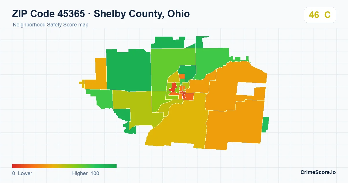 ZIP Code 45365 in Shelby County, Ohio neighborhood Safety Score map