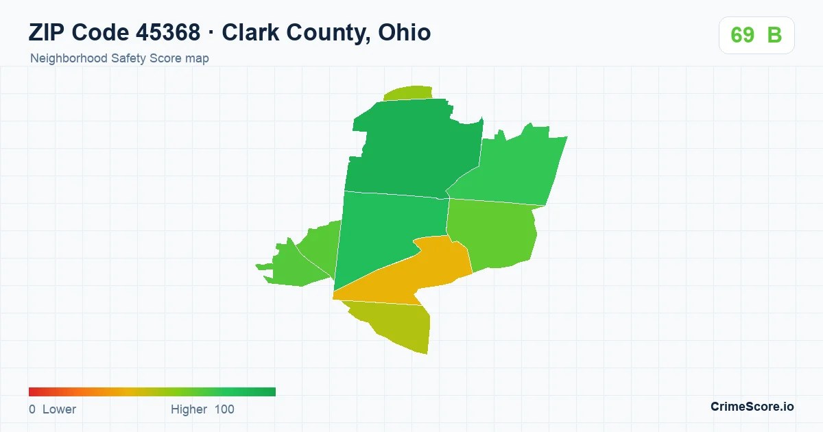 ZIP Code 45368 in Clark County, Ohio neighborhood Safety Score map