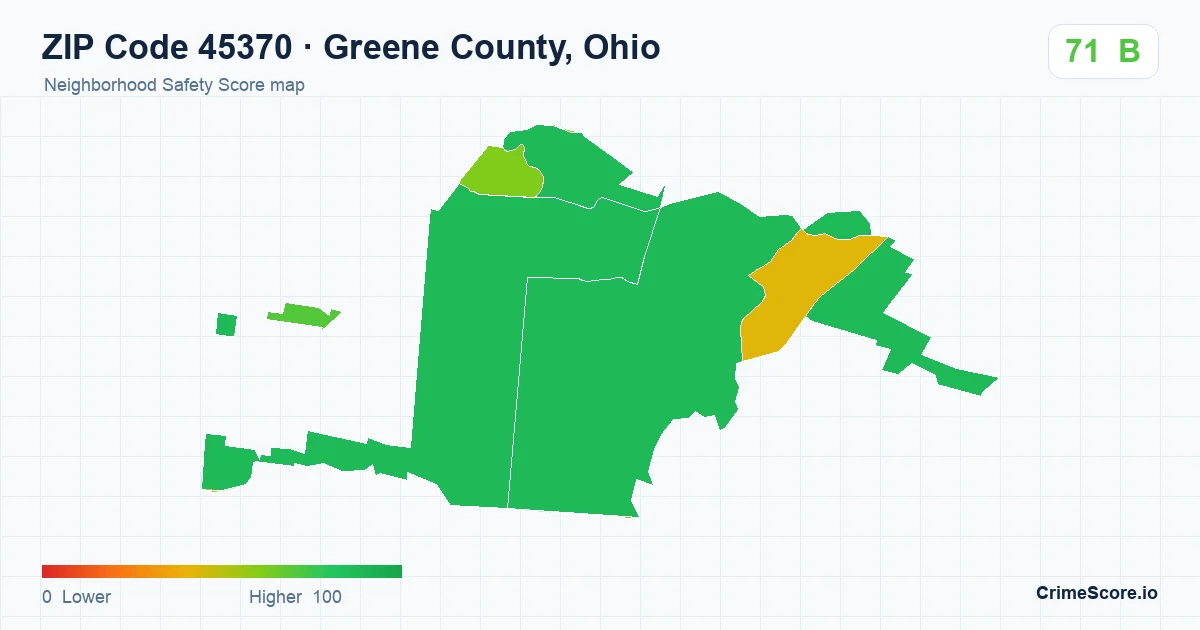 ZIP Code 45370 in Greene County, Ohio neighborhood Safety Score map