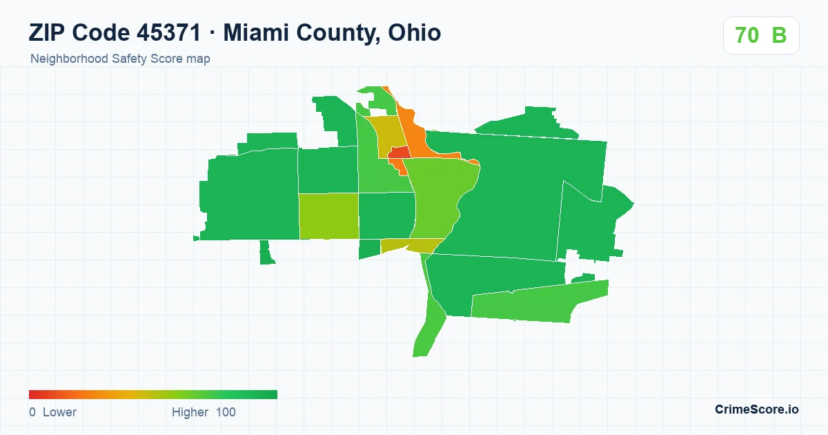 ZIP Code 45371 in Miami County, Ohio neighborhood Safety Score map