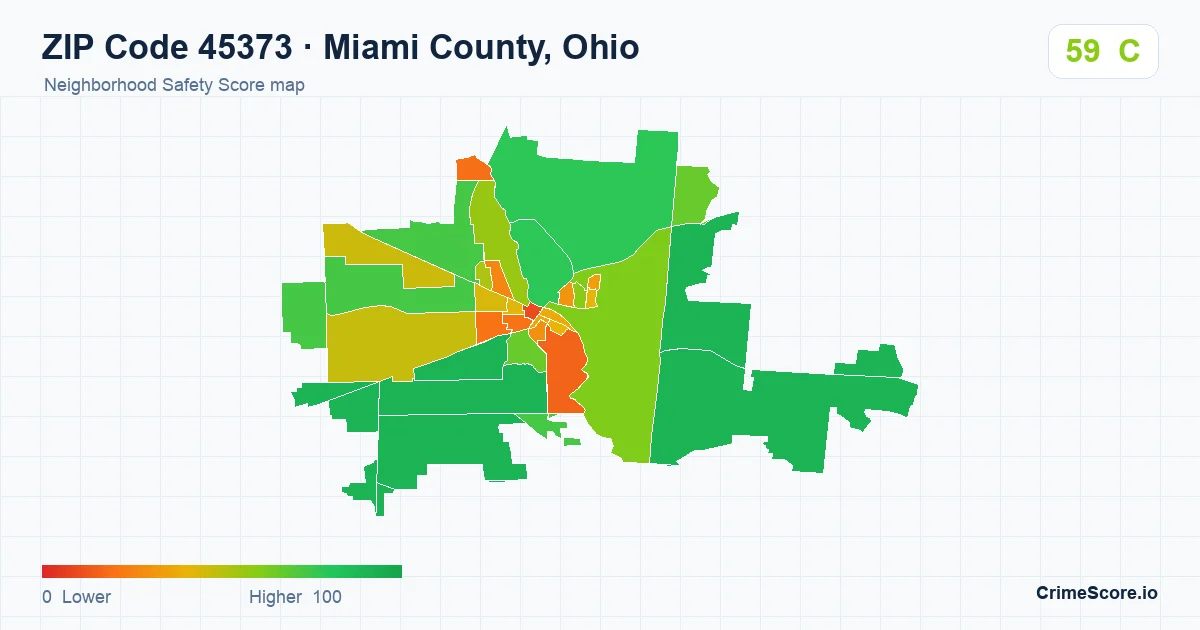 ZIP Code 45373 in Miami County, Ohio neighborhood Safety Score map